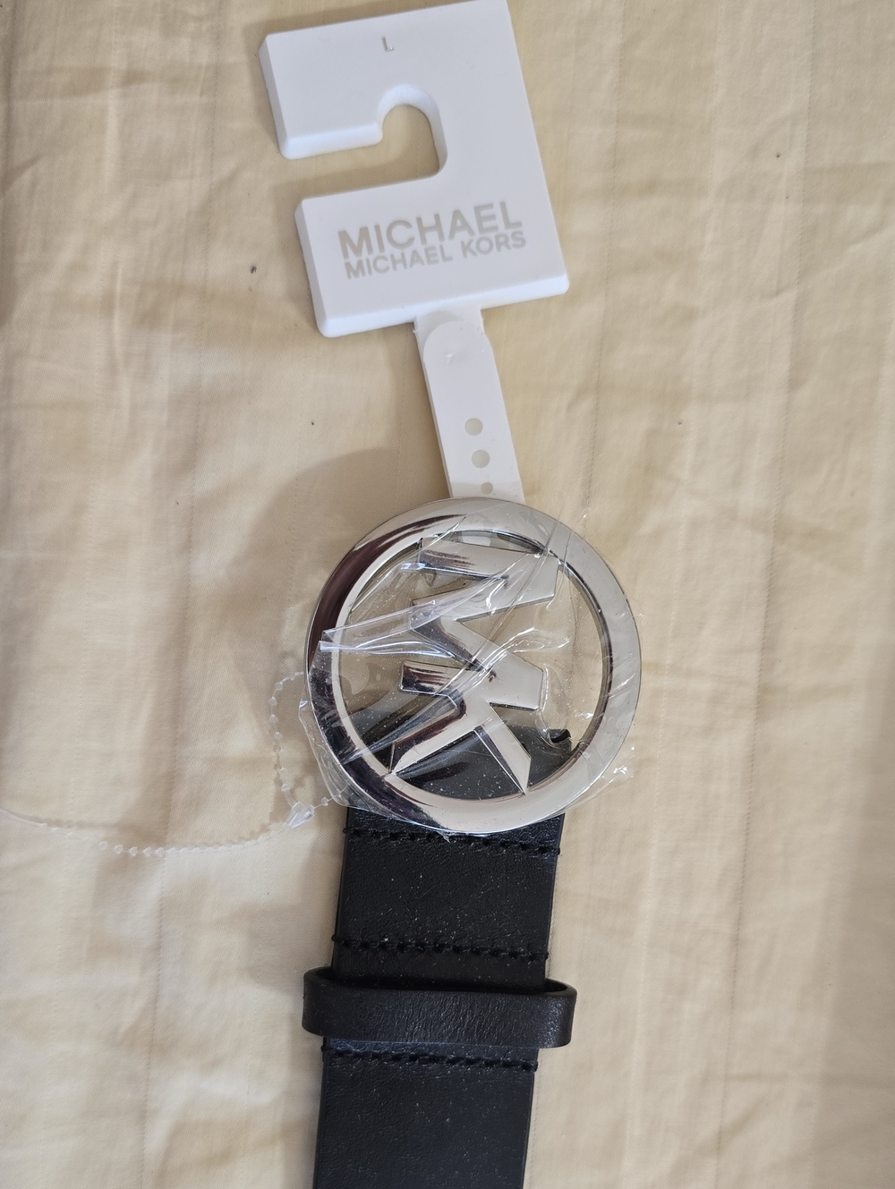 Michael Kors Black Leather Women’s Belt with Silver MK Round Buckle